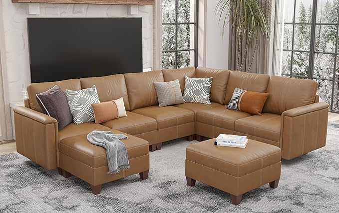SITJOY 118" Faux Leather Modular Sectional Sofa with Storage, Mid Century Modern Sectional Couches for Living Room, 6 Seater V Shaped Couch with Chaise, Brown