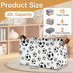 Black Soccer Football Storage Bins with Handles, Collapsible Storage for Clothes, Gift Basket, Blankets & Closet Organization
