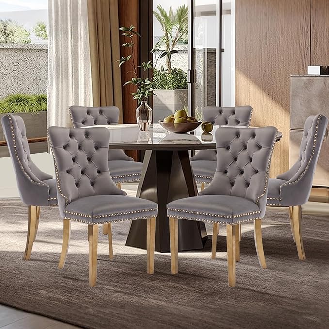 Velvet Upholstered Dining Chairs Set of 6, Modern Style Kitchen Side Chairs with Nailhead Trim and Gold Plated Leg, Metal Pulling Ring for Dining Room Living Room(Gery-Gold Plated Leg)