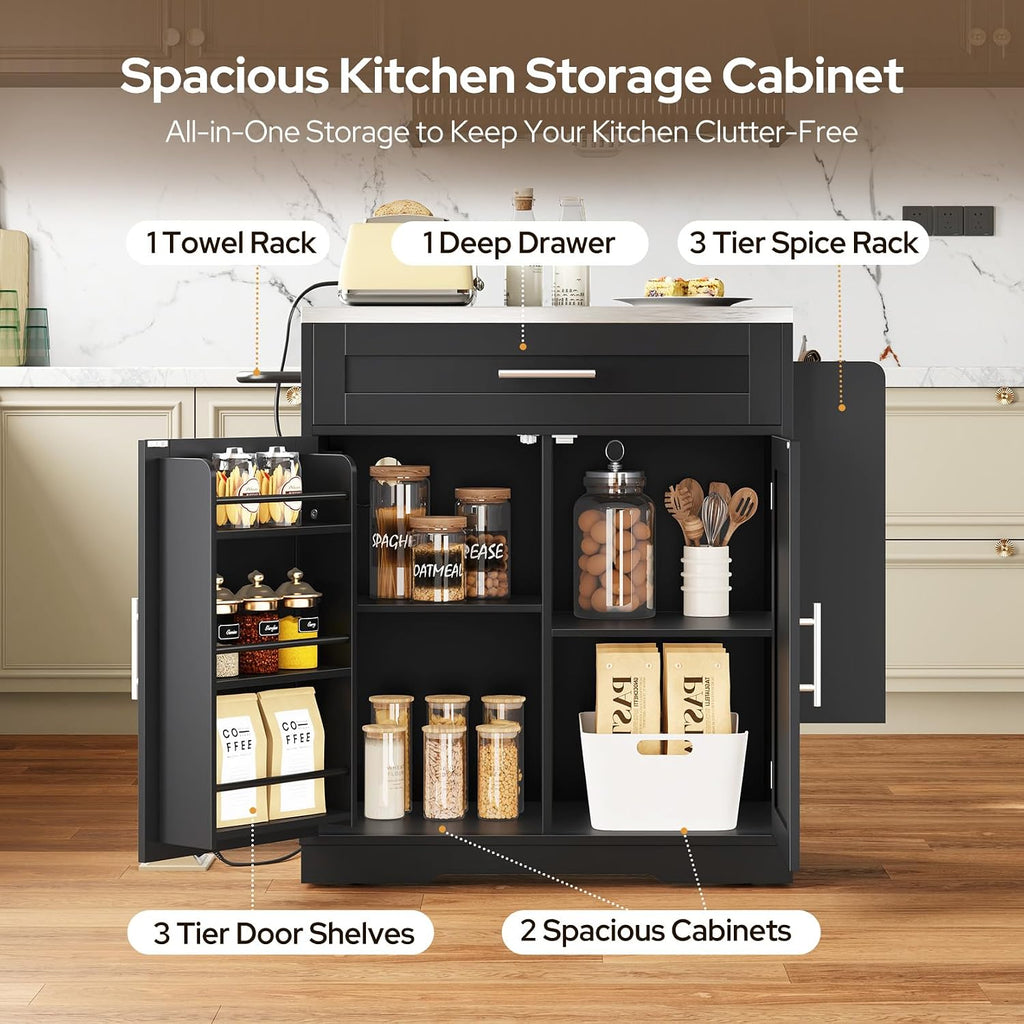 Concho 41'' Kitchen Island with Seating and Stainless Steel Countertop, Rolling Kitchen Carts on Wheels with Folding Drop Leaf, Bar Stool, Power Outlet, Spice/Towel Rack, Storage Cabinets, Walnut