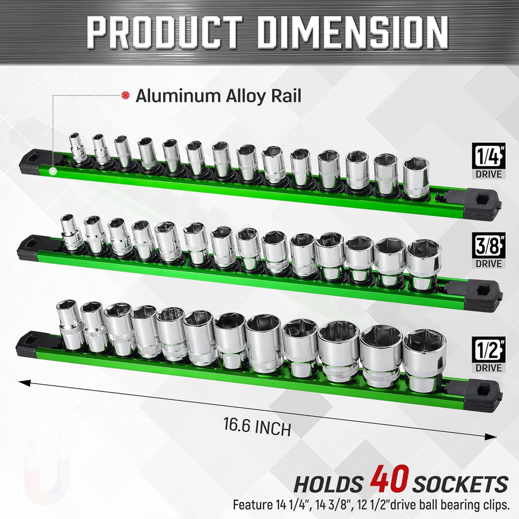 ALOANES 3-Piece Magnetic Socket Organizer, Heavy Duty Aluminum Rails With 360 Swivel Clips, Holder Kit for Tool Box, 1/2, 3/8, 1/4-Inch x 40 Clips (Green)