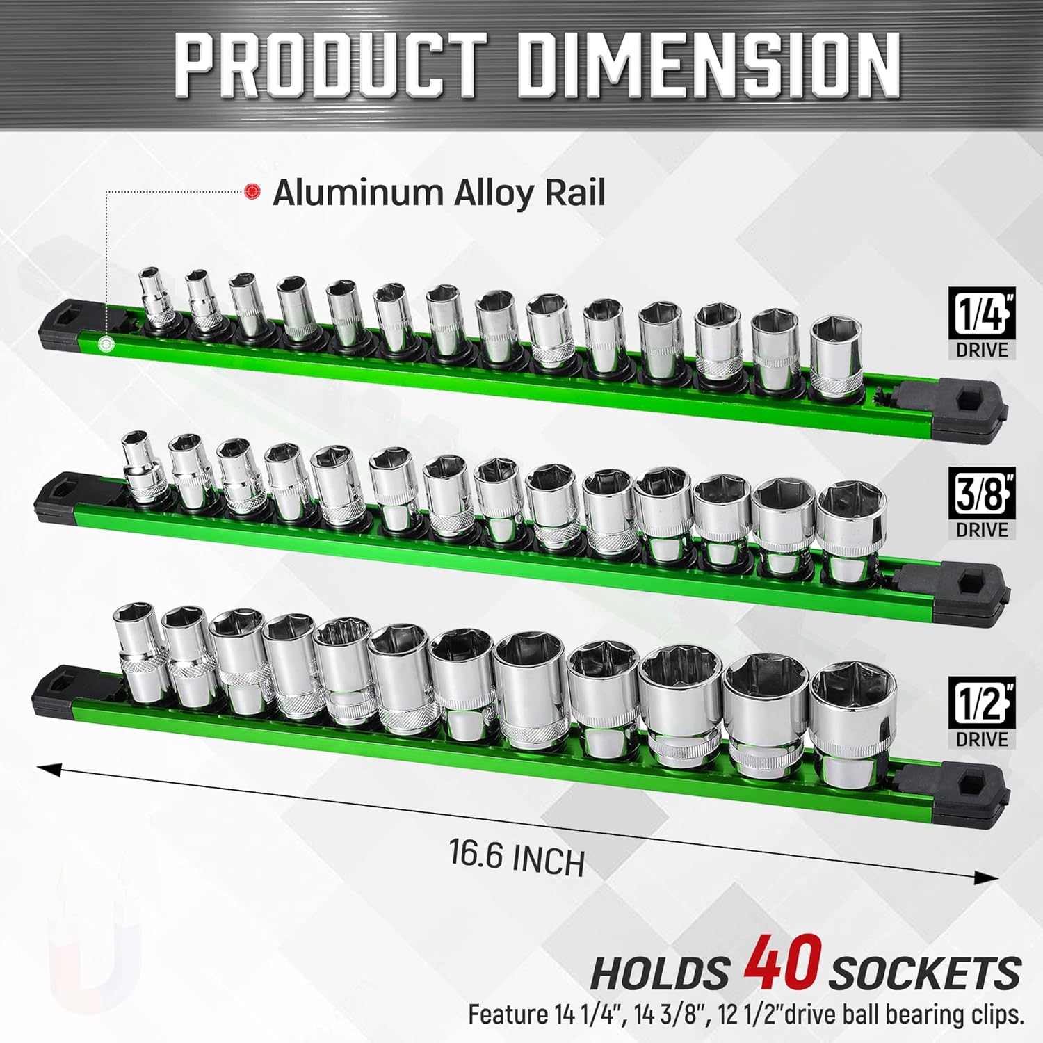 ALOANES 3-Piece Magnetic Socket Organizer, Heavy Duty Aluminum Rails With 360 Swivel Clips, Holder Kit for Tool Box, 1/2, 3/8, 1/4-Inch x 40 Clips (Green)