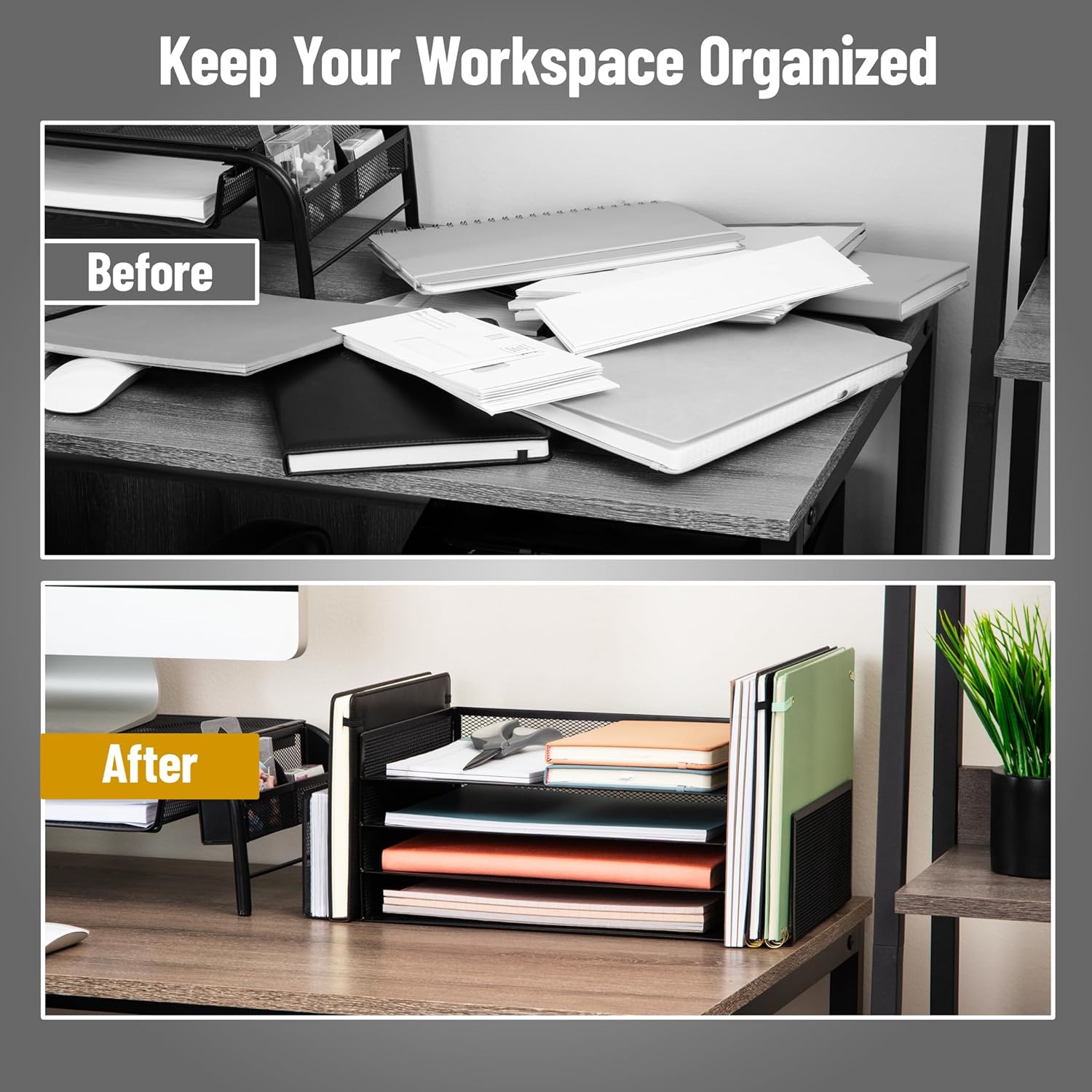Mind Reader Desktop Organizer, File Storage, Paper Tray, Workspace, Office, Metal Mesh, 16.75"L x 9.15"W x 6"H, Black