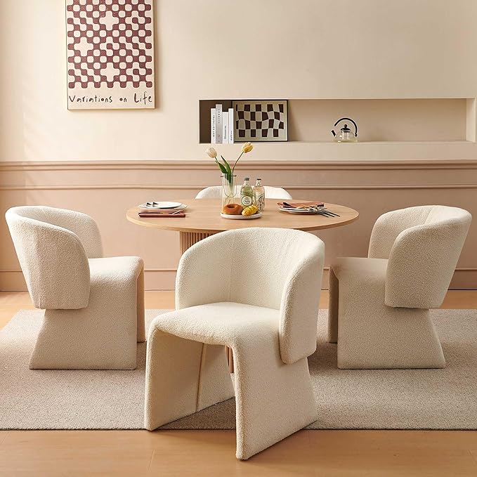 NORDICANA Barrel Dining Room Chairs with Arms, Faux Fur Accent Chairs Set of 4, for Kitchen, Living Room, Upholstered Armchairs, Off-White