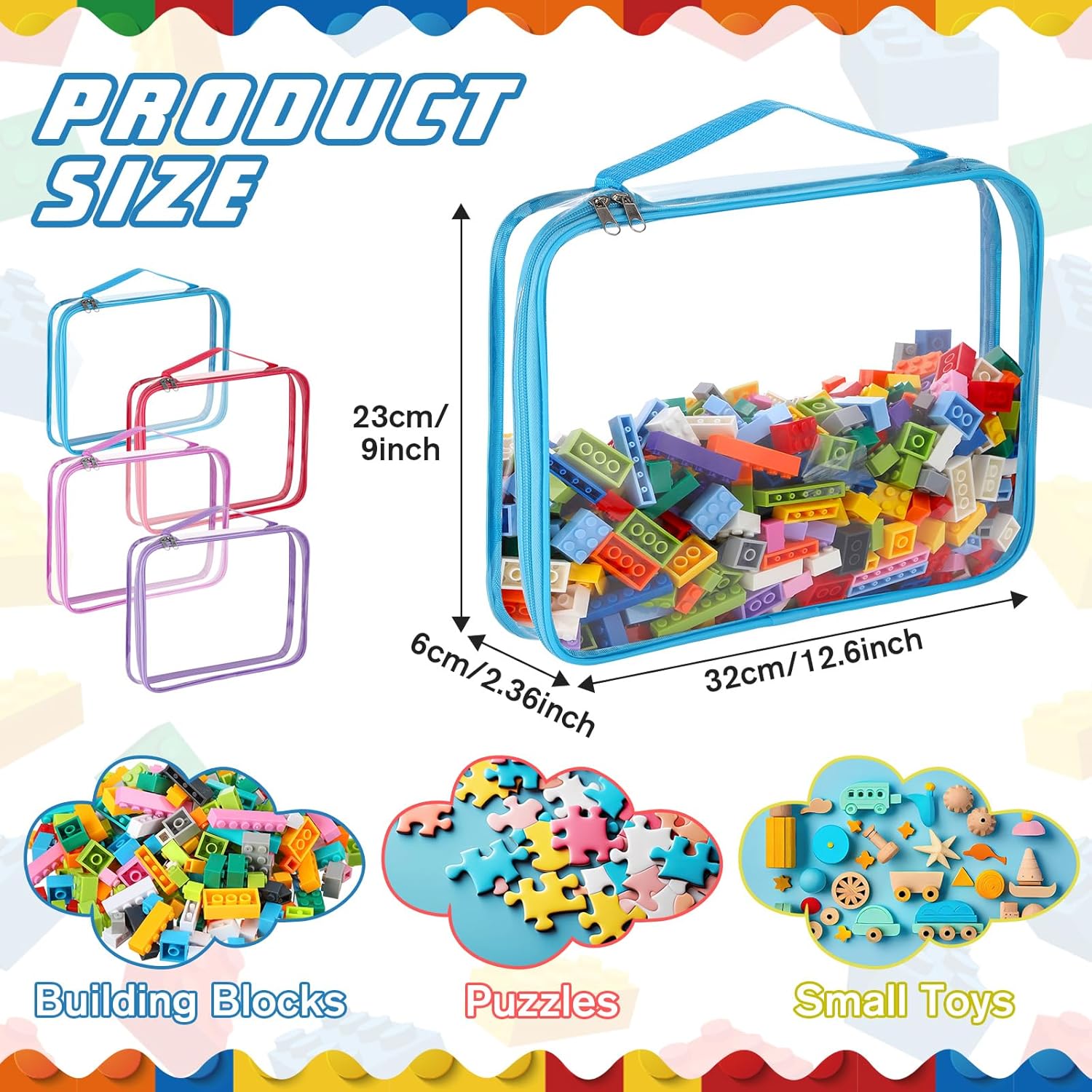 Sanwuta 6 Packs Toy Storage Bags, PVC Organizing Case Bags with Zipper, Waterproof Toy Container for Board Games, Building Blocks, Puzzles, Small Toys and Kids Books(Large,Cute Colors)