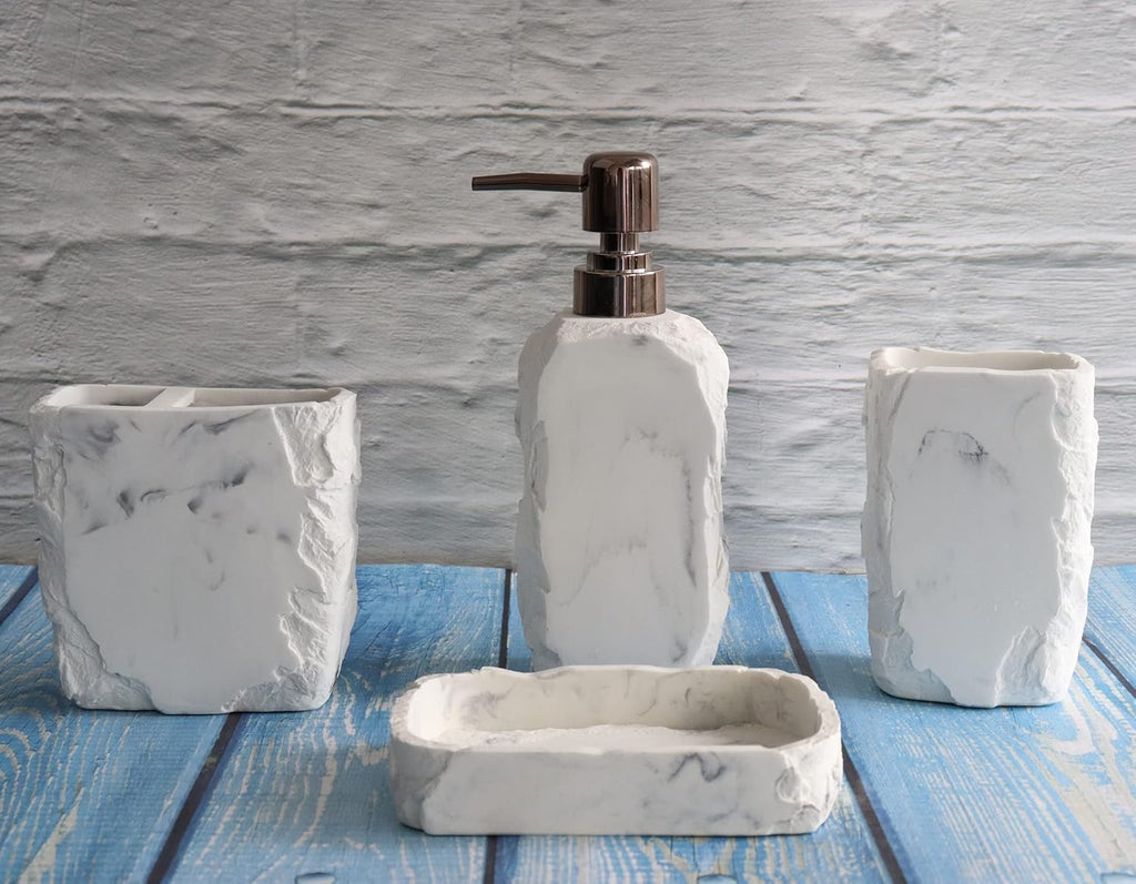 Hymmah Marble Bathroom Accessories Set,Marble Design Toothbrush Holder,Farmhouse Bathroom Decor,4 Pcs Resin Gift Set Apartment Necessities, Contain Toothbrush Cup,Soap Dispenser,Soap Dish,Tumbler