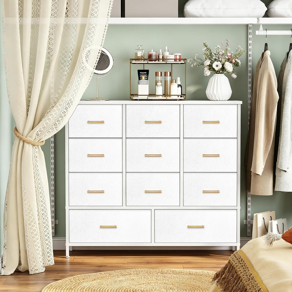 VASICAR 11-Drawer Compact Dresser for Bedroom, Fabric Clothes Storage Organizer, White Chest of Drawers with Wood Top for Closet, Nursery, Living Room