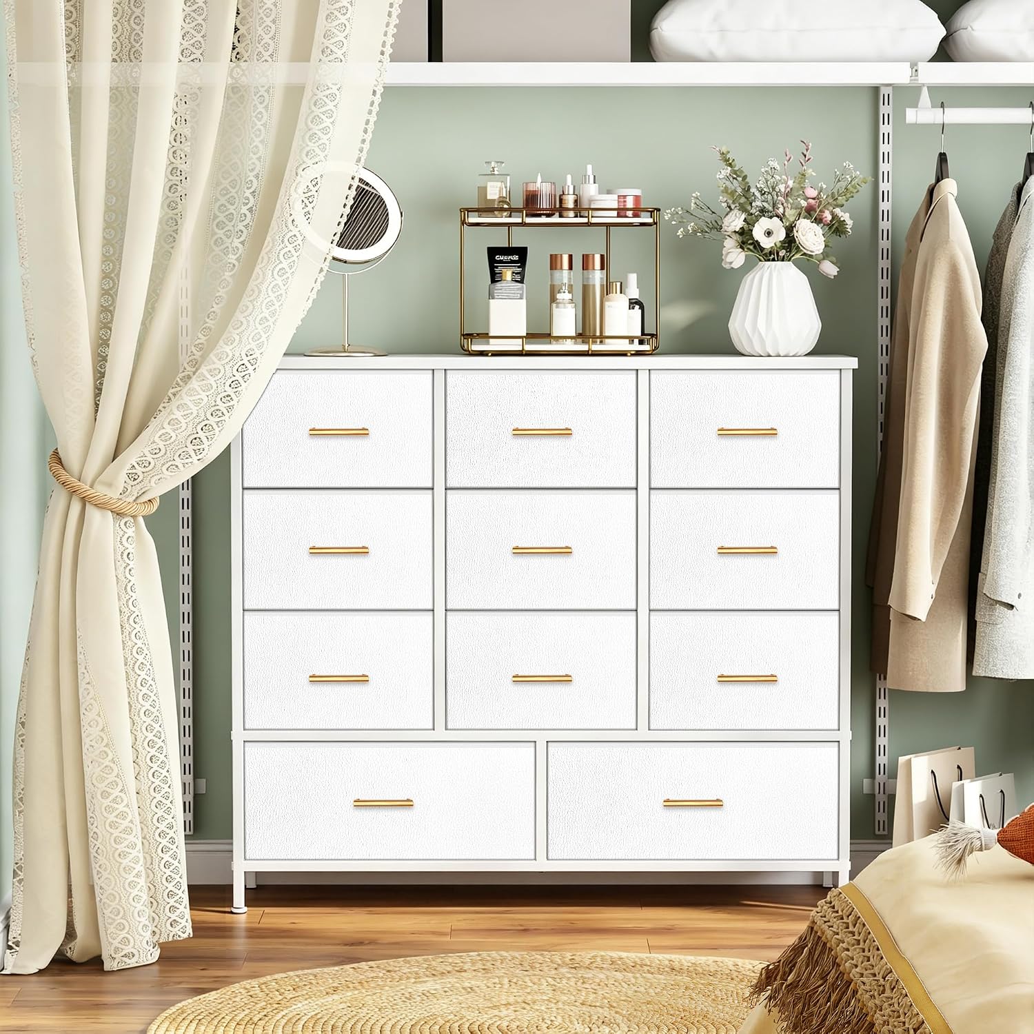 VASICAR 11-Drawer Compact Dresser for Bedroom, Fabric Clothes Storage Organizer, White Chest of Drawers with Wood Top for Closet, Nursery, Living Room
