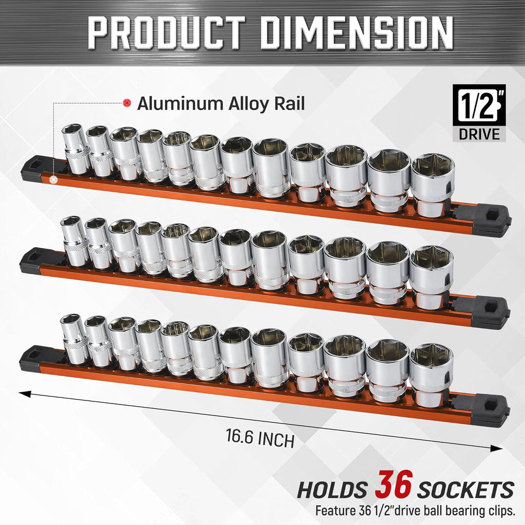 ALOANES 3-Piece Magnetic Socket Organizer, Heavy Duty Aluminum Socket Rails Organizer, 360° Swivel Clips Socket Holder Kit for Tool Box, 1/2-Inch Socket Holder x 36 Clips (Orange)
