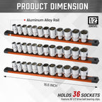 ALOANES 3-Piece Magnetic Socket Organizer, Heavy Duty Aluminum Socket Rails Organizer, 360° Swivel Clips Socket Holder Kit for Tool Box, 1/2-Inch Socket Holder x 36 Clips (Orange)