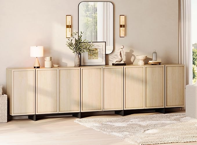 WAMPAT Modern TV Stand for TVs Up to 110", Wooden Entertainment Center TV Console with 8 Door Closed Storage and T-Shaped Wood Legs, Media Console Cabinet for Living Room, Bedroom, LightOak