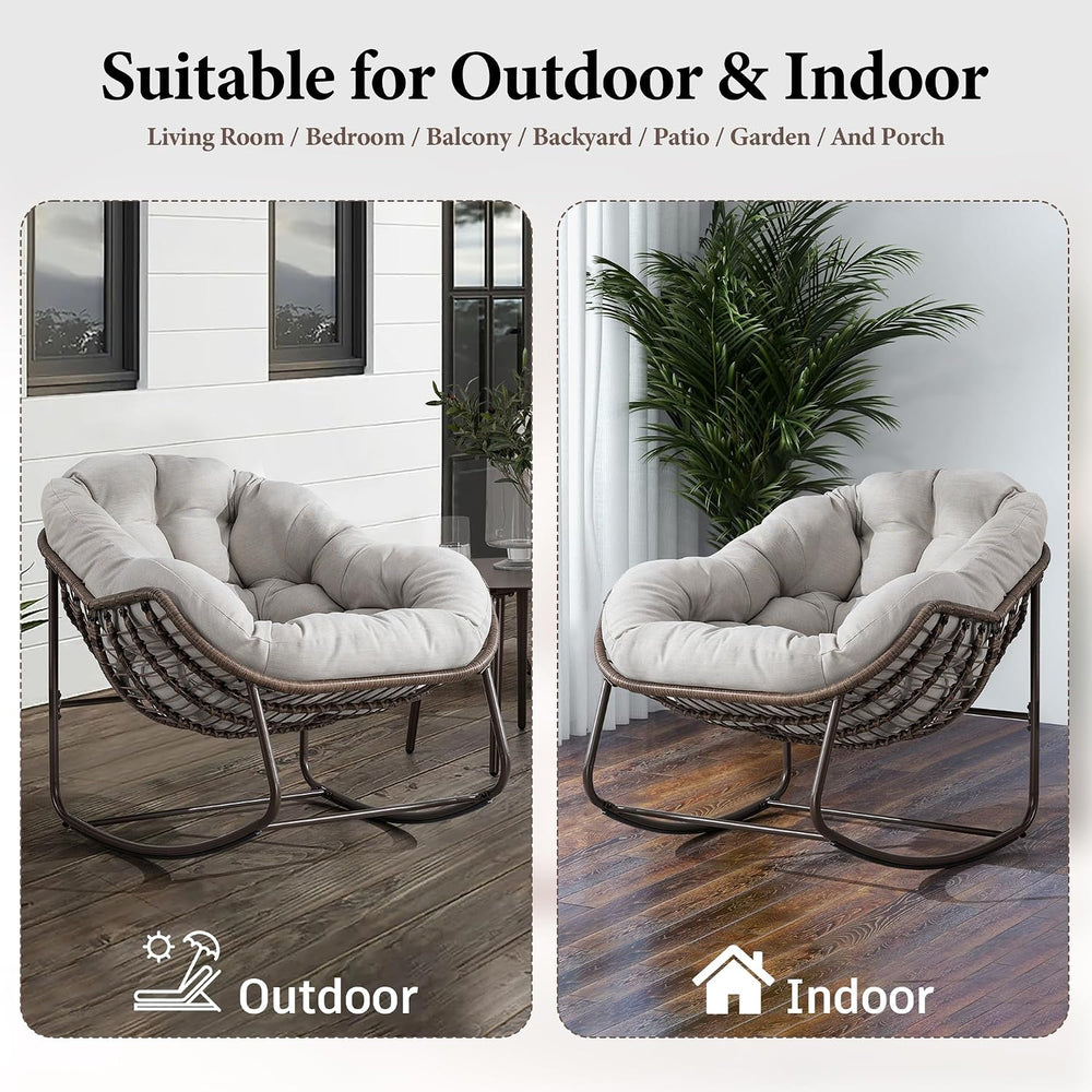 Large Indoor Outdoor Rocking Chair, Oversized Rocking Papasan Chair with Thic...
