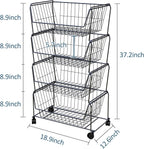 PUSDON 4-Tier Stackable Metal Storage Baskets, Anti-Rust Fruit Vegetable Rack, Dual Use Shelf for Kitchen, Home & Office, Black
