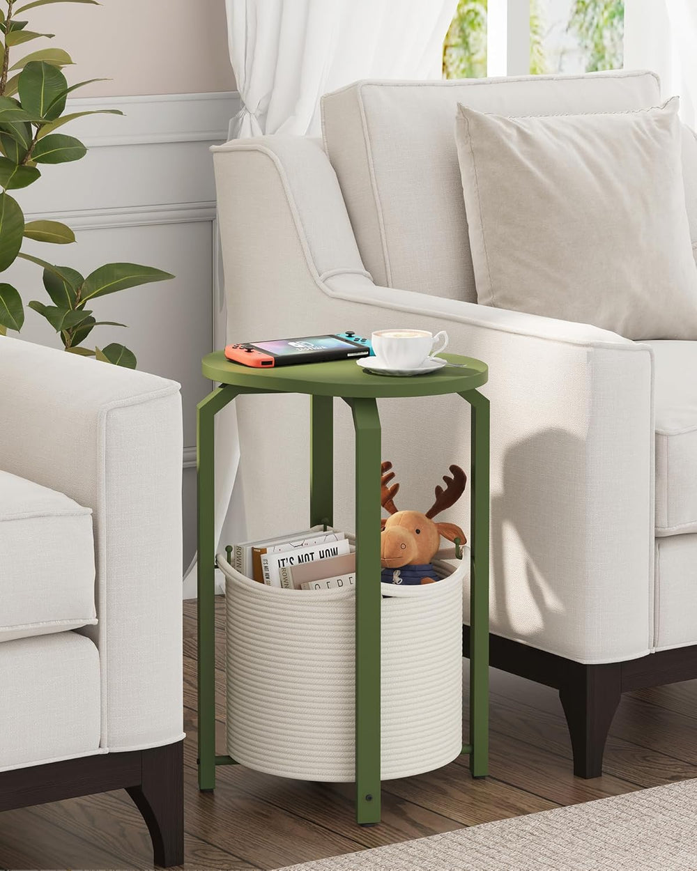 TUTOTAK Oval End Table with Woven Storage Basket, Olive Green Small Side Tabl...