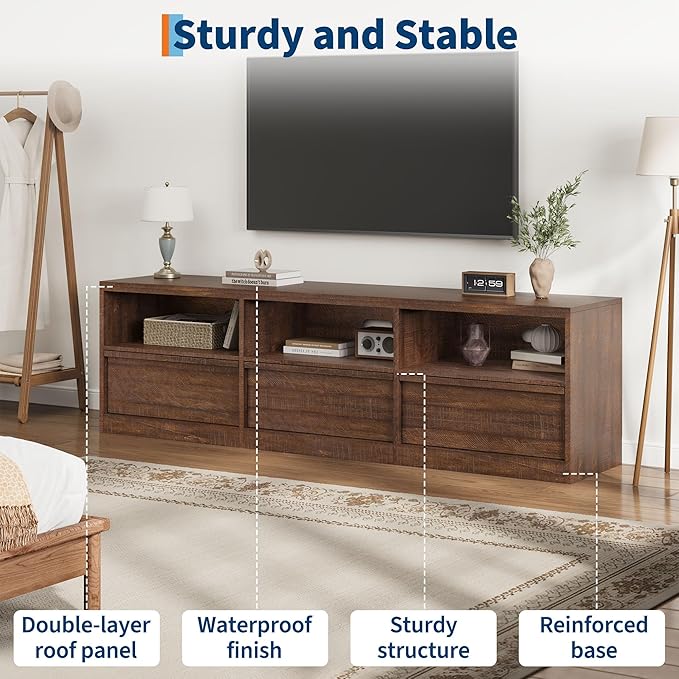 IDEALHOUSE 70 inch TV Stand for 80" TVs, Mid Century Modern Entertainment Center with Storage Drawer & Open Shelves, Wood Media Console Cabinet for Living Room/Bedroom, Vintage