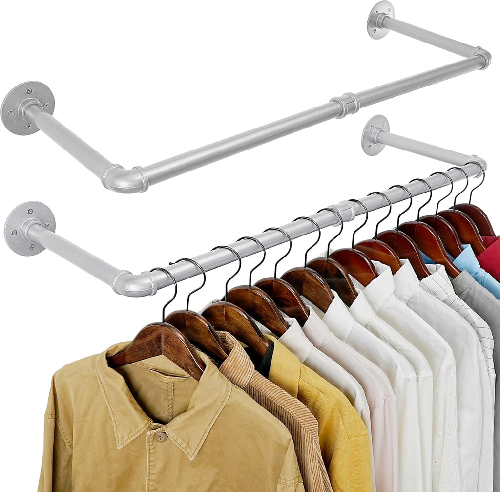 WEBI Industrial Pipe Clothing Rack,32" Wall Mounted Clothes Rack for Hanging Clothes,Heavy Duty Metal Garment Rack Bar Wall Mount Clothing Rod for Closet,Laundry Room,Silver,2 Packs