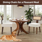 Upholstered Rattan Dining Chairs Set of 4, Mid-Century Modern Fabric Dining Room Chair with Brown Hardwood Frame, Curved Backrest Kitchen Chairs Armless Accent Chairs for Living Room (Cream)