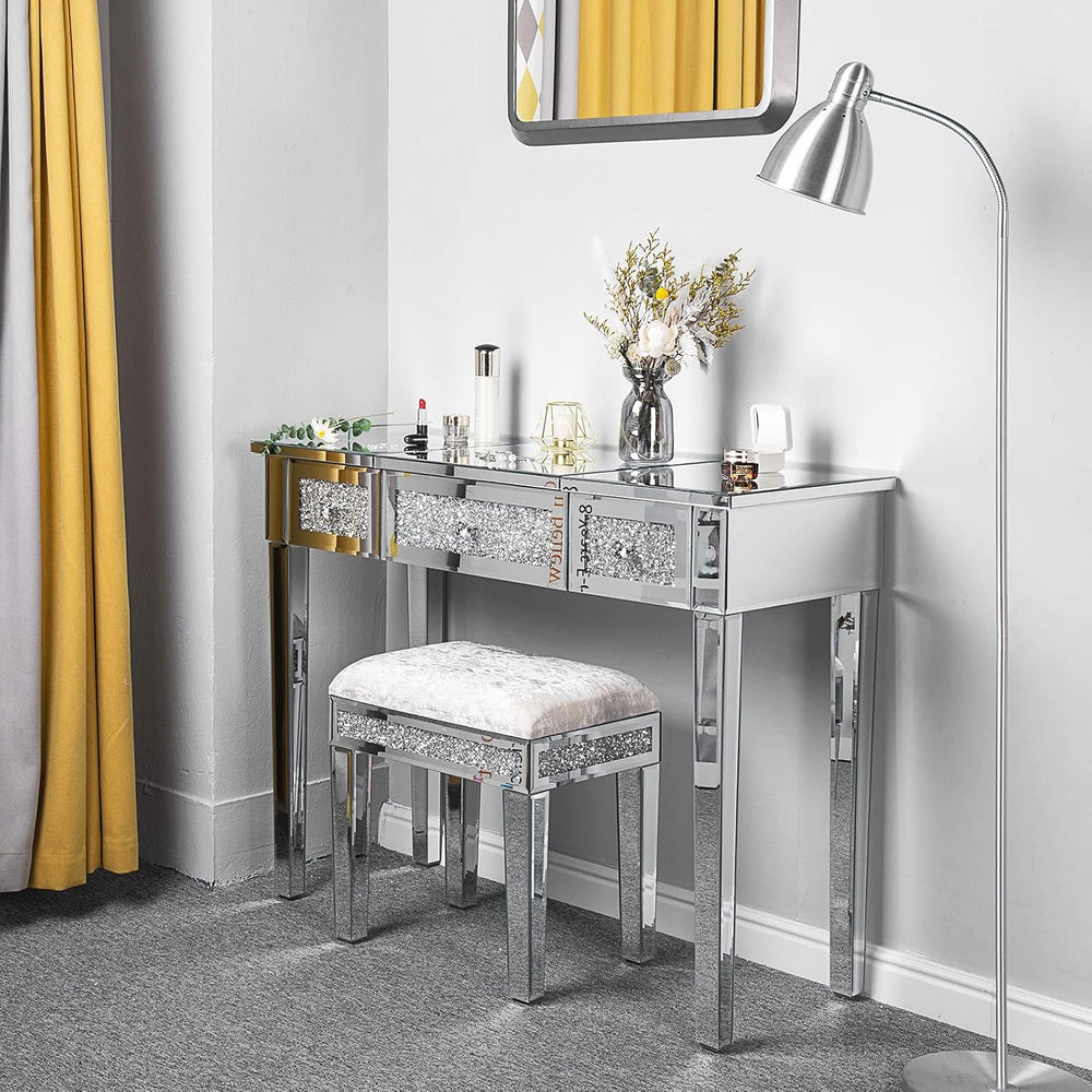 VINGLI Mirrored Vanity Stool with Storage, Upholstered Velvet Ottoman, Makeup...