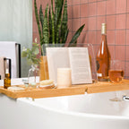 Waterproof Shield Keeps Your Book Open – Extendable Bamboo Bathtub Tray with Wine Glass Holder Protects from Drips and Splashes - Luxury Bath Tub Caddy Tray for Relaxing in The Bathtub