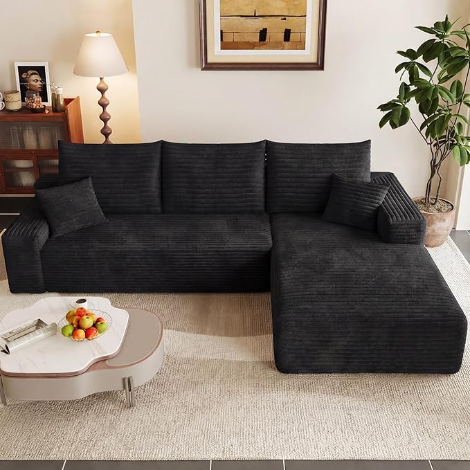 95" Modular Sectional Couch, L Shaped Cloud Sofa with Chaise Lounge, Corduroy Upholstered Couches Memory Foam Deep Seat, No Assembly Required, Ideal for Living Room(Black, Right Facing)