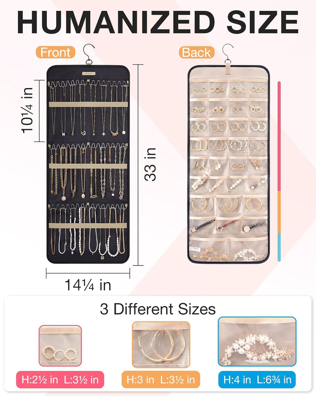 BAGSMART Hanging Jewelry Organizer Storage Roll with Hanger Metal Hooks Double-Sided Jewelry Holder for Earrings, Necklaces, Rings on Closet, Wall, Door, 1 piece, Large, Black