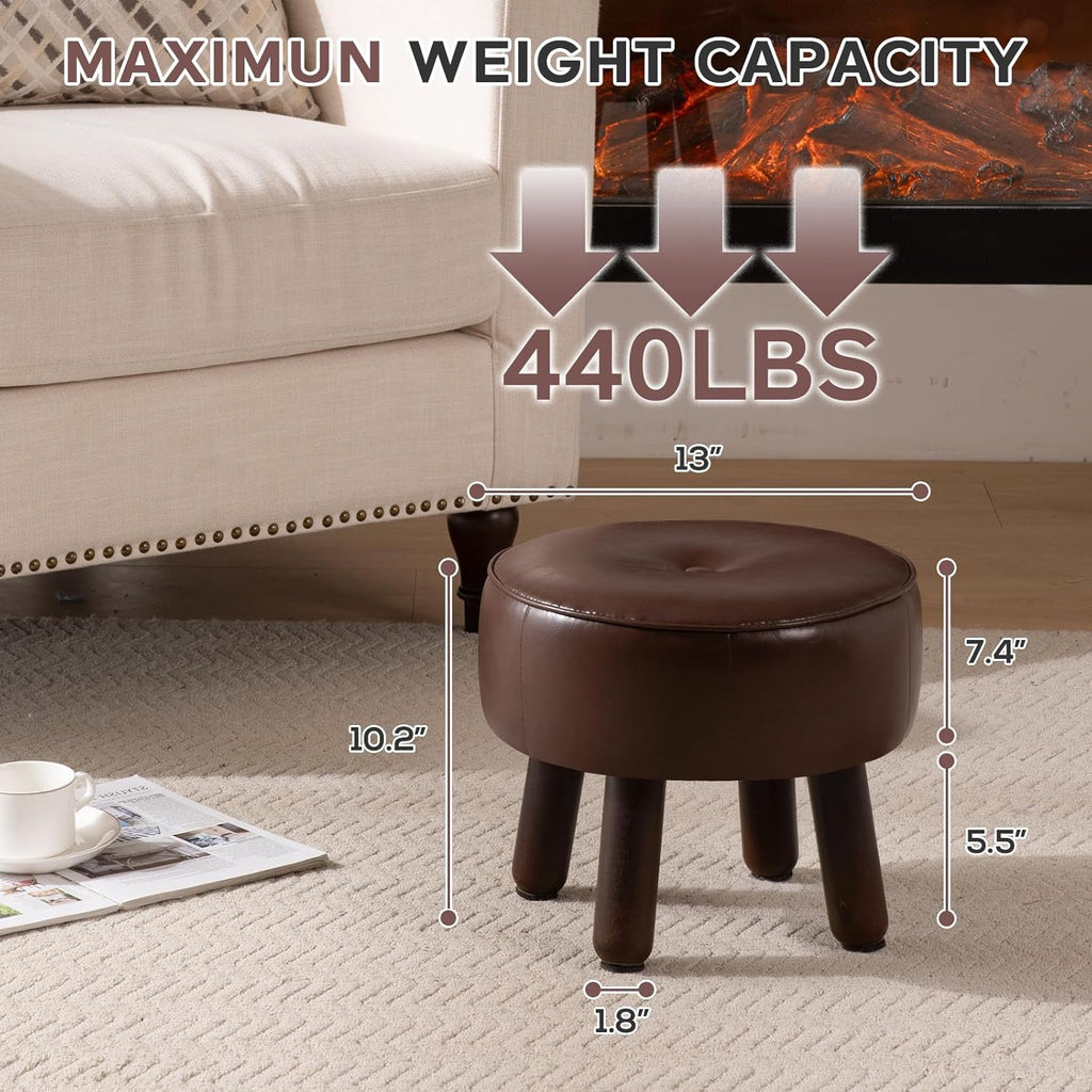 Small 13" Foot Stool Ottoman, Round Pouf Foot Rest, Faux Leather Footstool | Small Foot Stool with Rubber Legs Under Desk, Footrest for Couch, Living Room Bedroom Office, 13''L x 13''W x 10.2''H, Coffee