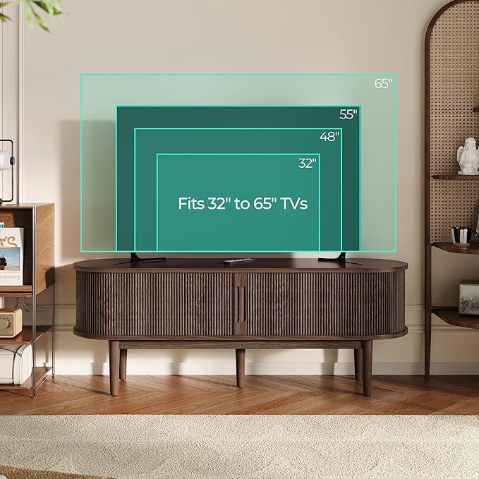 LINSY Home TV Stand for 65" TV, Mid-Century Modern 58" Entertainment Center with Sliding Tambour Door and Storage Cabinet, Cruved TV Media Console Table for Living Room, Bedroom, Walnut