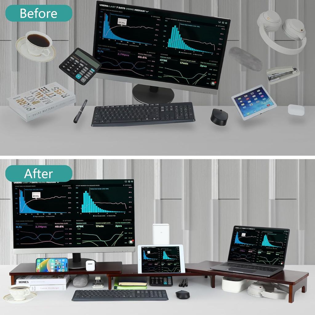 Nnewvante Large Dual Monitor Stand Riser, 60 inch Bamboo Monitor Stand with Adjustable Length and Angle, 3 Shelves Desktop Screen Riser for Computer Laptop PC, Walnut