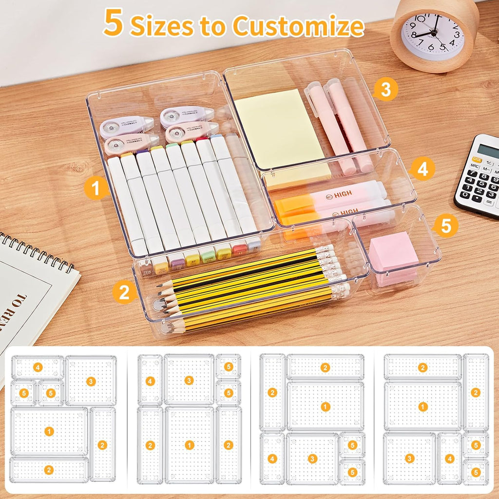 SMARTAKE 13-Piece Drawer Organizers with Non-Slip Silicone Pads, 5-Size | Clear Desk Bathroom Drawer Organizer Trays Storage Tray for Makeup, Jewelry, Utensils in Bedroom Dresser, Office and Kitchen
