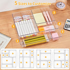 SMARTAKE 13-Piece Drawer Organizers with Non-Slip Silicone Pads, 5-Size | Clear Desk Bathroom Drawer Organizer Trays Storage Tray for Makeup, Jewelry, Utensils in Bedroom Dresser, Office and Kitchen
