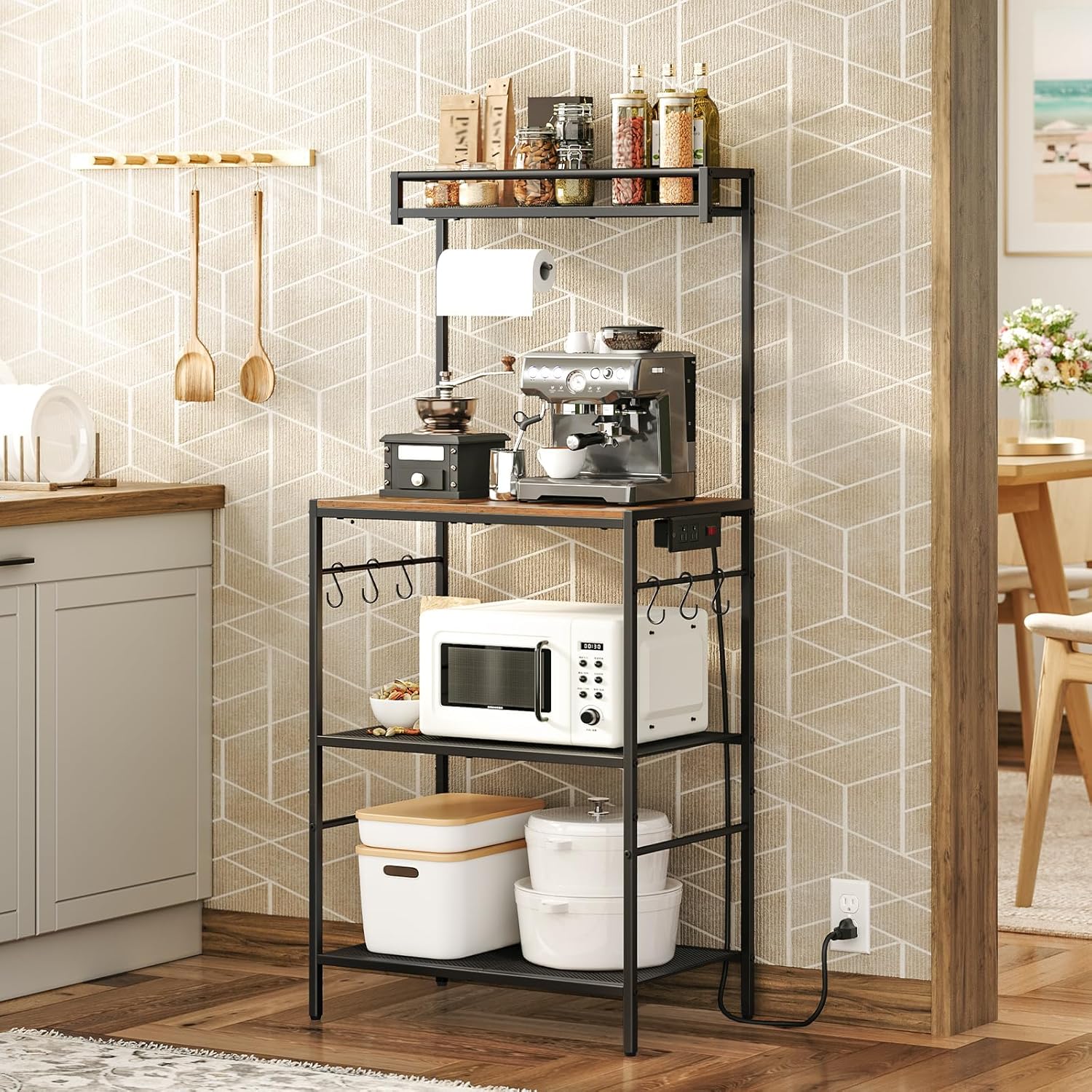MAHANCRIS Bakers Rack with Storage, Microwave Stand with Paper Holder, Bakers Rack with Power Outlet, Coffee Bar Station with 6 Hooks, for Kitchen, Dining Room, Rustic Brown and Black BRHR36E01