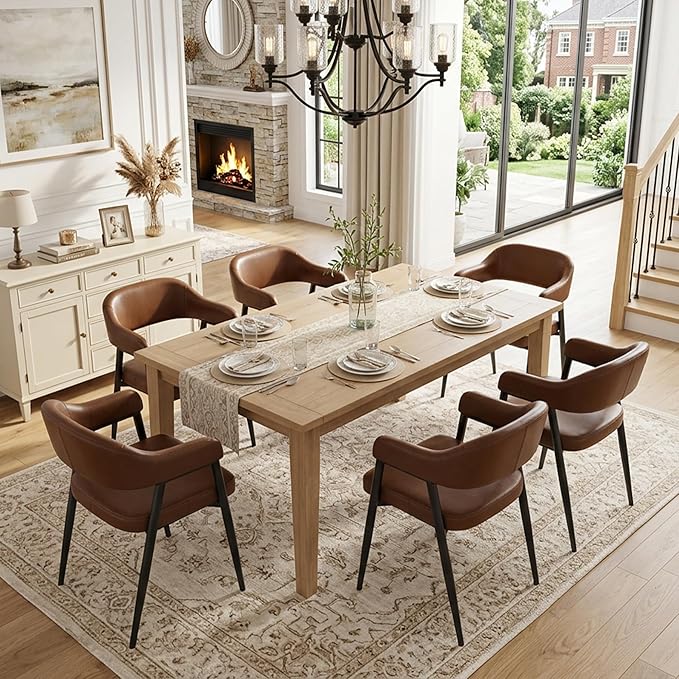 HNY Modern Dining Room Arm Chairs Set of 6, Retro Faux Leather Upholstered Barrel Dining Chairs with Arms Mid-Century Brown Accent Chair with Metal Legs, Open-Back Kitchen Side Chair for Living Room