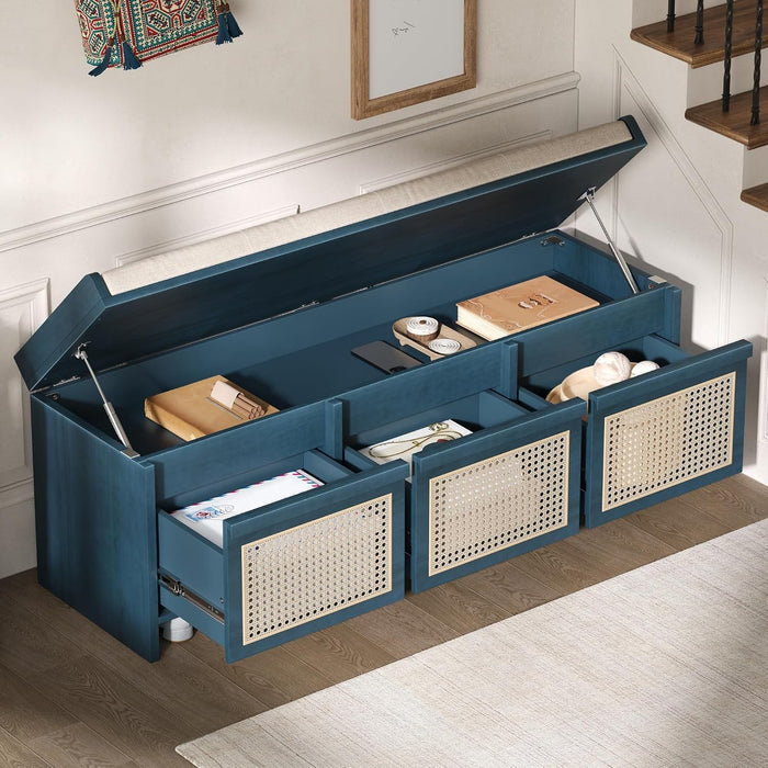 SOFTSEA 48" Shoe Storage Bench with Cushion, 2-Tier Entryway Bench with 3 Rattan Storage Drawers & Lift Top Storage, Retro Shoe Cabinet for Hallway, Bedroom, Living Room, Navy