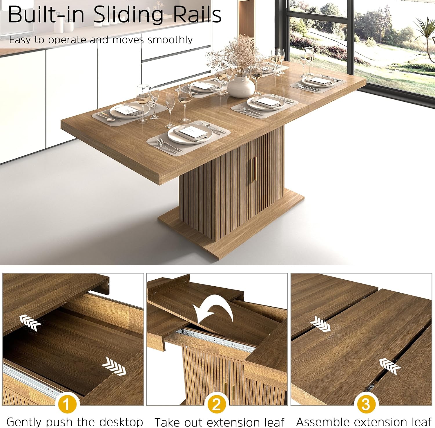 Extendable Dining Table Set for 8, 78.74" Expandable Dining Table with 8 Orange Upholstered Tufted Chairs, Large Wooden Expanding Kitchen Table and Chairs Set of 8, 9 Piece Extendable Dining Table Set