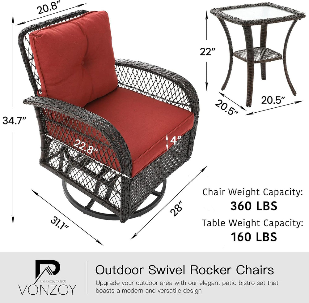Patio Furniture Set 3 Pieces, Outdoor Swivel Glider Rocker Bistro Set, Red