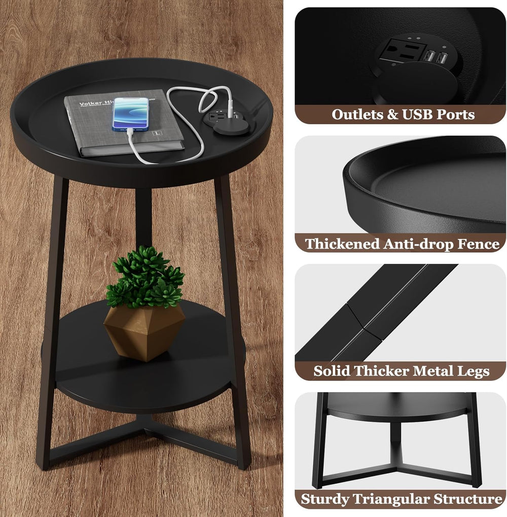 Gadroad Round End Table with Charging Station, Wood Tabletop & Black Meta...