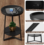 Gadroad Round End Table with Charging Station, USB Ports and Anti-Drop Fence, Wood Tabletop & Black Metal Frame, 2-Tier Side Table for Living Room, Bedroom, Black 15.7 * 15.7 * 23.0 inches