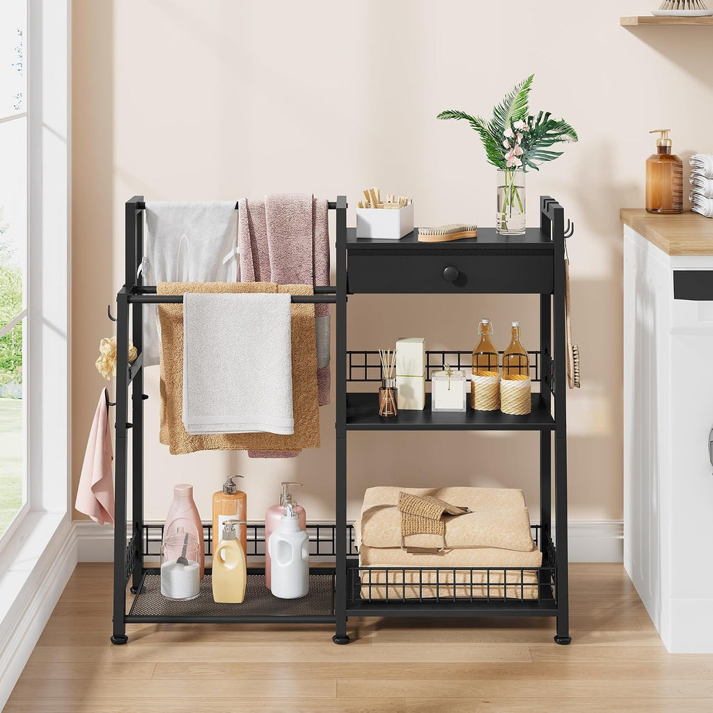 Gewudraw 2-in-1 Bathroom Ladder Shelf with Towel Rack&Storage Drawer, Black | 3-Tier Bathroom Organizers and Storage with Hooks, Bathroom Towel Storage, Towel Shelf for Laundry Room, Living Room, Balcony