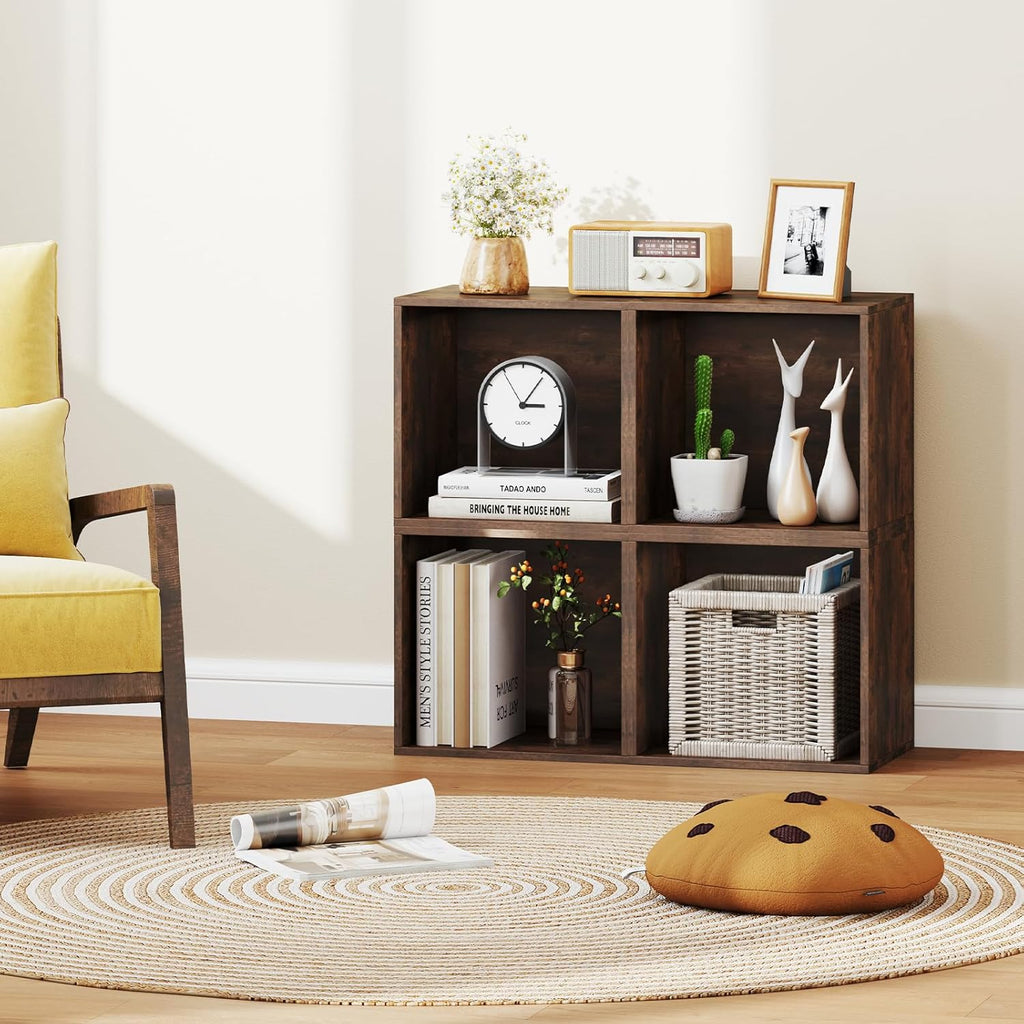 Giantex 4-Cube Bookcase, Stackable Cube Storage Organizer w/Open Bookshelf, Wooden Display Shelving Unit for Small Space, DIY Modular Cubby Storage System for Home, Study, Rustic Brown