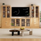 TUSY 71" TV Stand Storage Set - 2 Tall Bookcases & 2 Side Cabinets, Media Console with Glass & Wood Doors, Entertainment Center with Drawers, Tall Media Console for Living Room (Wood, ADDA)