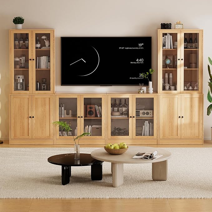 TUSY 71" TV Stand Storage Set - 2 Tall Bookcases & 2 Side Cabinets, Media Console with Glass & Wood Doors, Entertainment Center with Drawers, Tall Media Console for Living Room (Wood, ADDA)