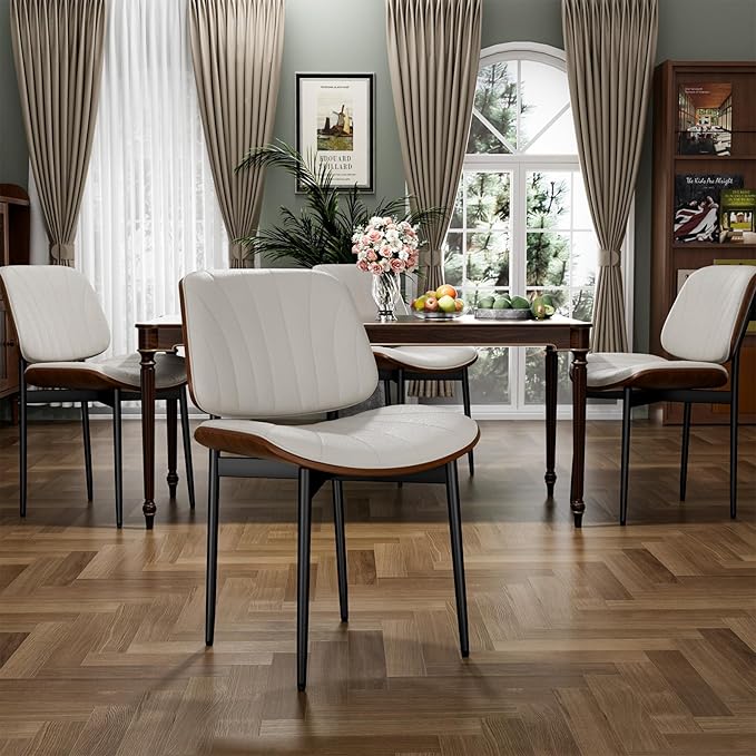 Dining Chairs Set of 6, Dining Room and Kitchen Chairs, Mid Century Modern Accent Chair, Upholstered PU Leather Chairs for Vanity with Walnut Bentwood and Metal Legs, Beige