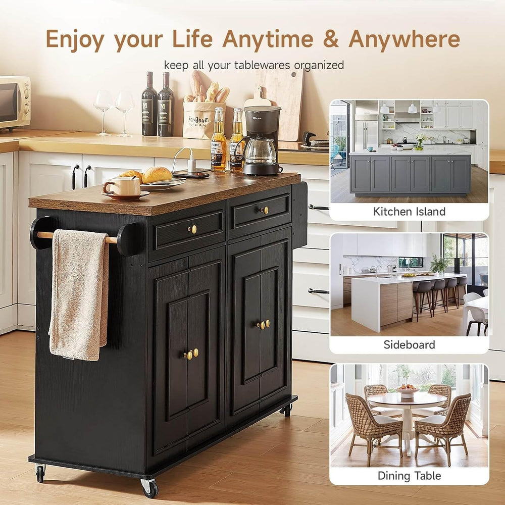 ONBRILL 58" Kitchen Island with Power Outlet, Rolling Kitchen Cart, Black