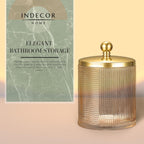 Tan Colored Tranlucent Apothecary Ribbed Geometric Etched Glass Jar W/Gold Metal Lid Cover for Bathroom Organization, Cotton Balls, Q Tips, and Small Accessories, Bathroom Storage