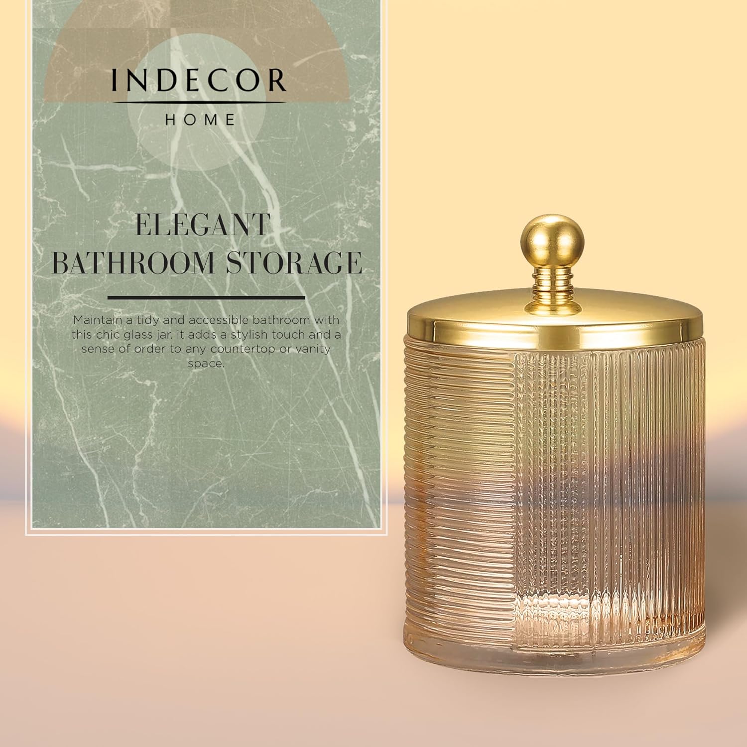 Tan Colored Tranlucent Apothecary Ribbed Geometric Etched Glass Jar W/Gold Metal Lid Cover for Bathroom Organization, Cotton Balls, Q Tips, and Small Accessories, Bathroom Storage