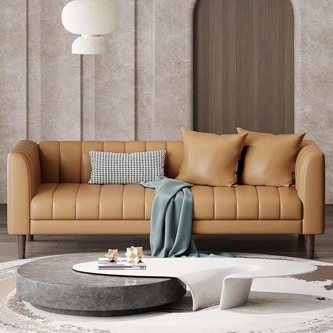 IDEALHOUSE 83" W Faux Leather Sofa Couch for Living Room, Modern 3 Seater Sofa Couch with Deep Seats, 2 Throw Pillows and Wood Legs, for Small Space, Bedroom, Apartment, Home Office, Brown