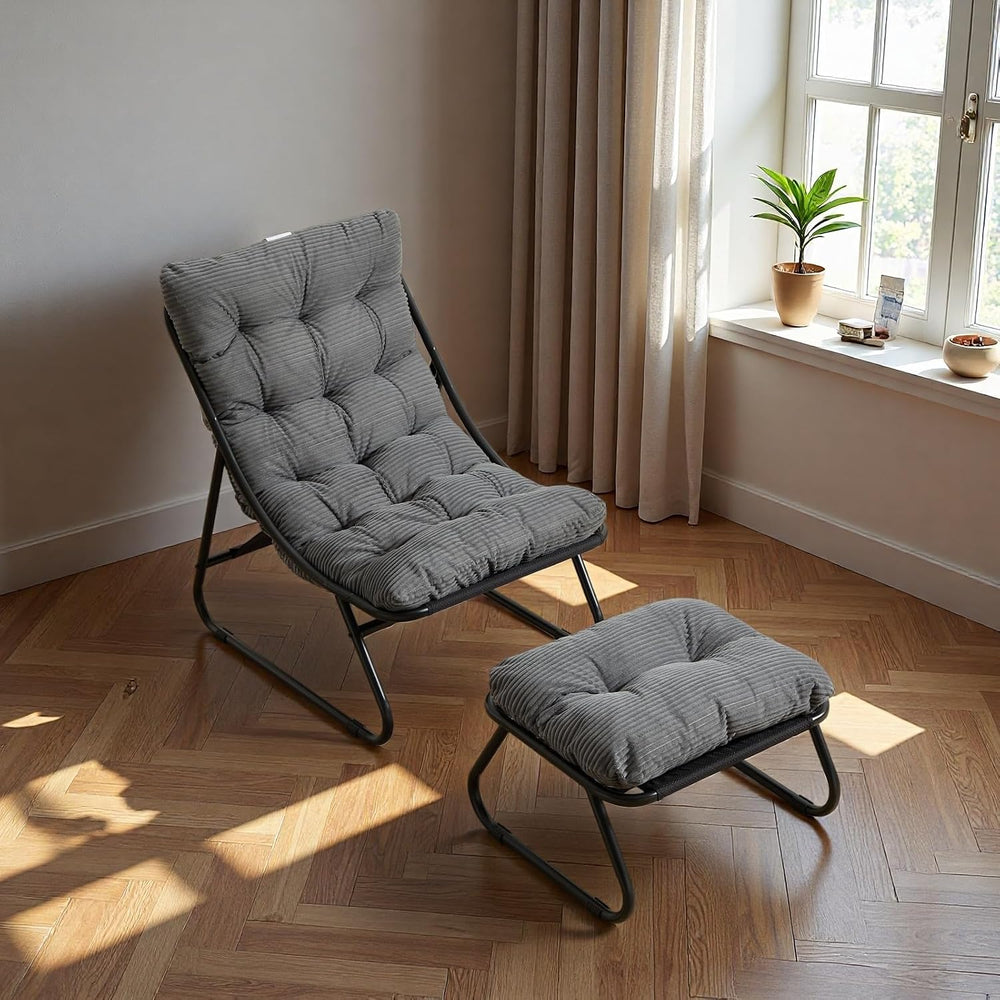 Patio Outdoor Lounge Chair with Ottoman, Armless Lounge Chair with Black Meta...