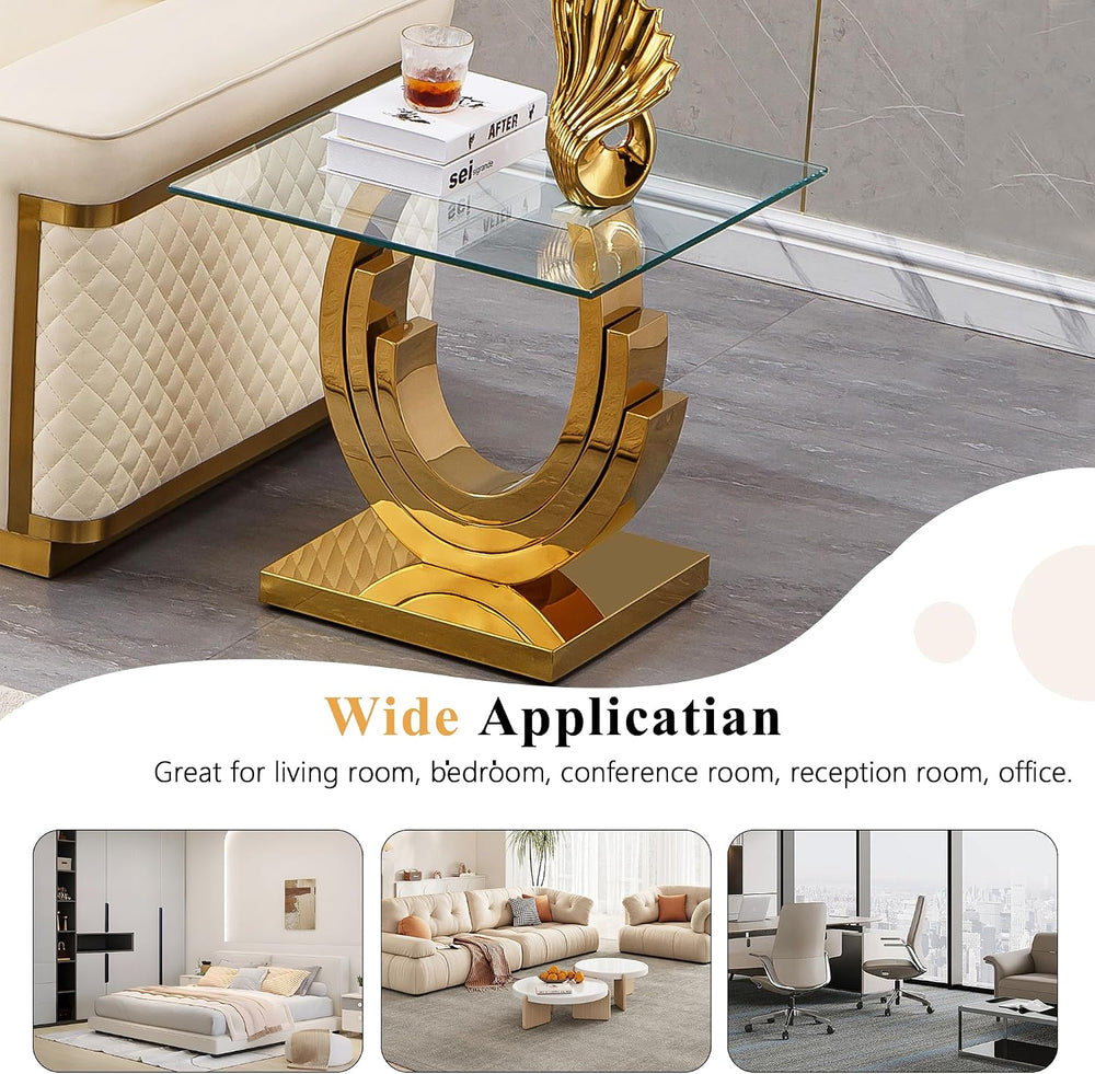 Modern End Table, Living Room End Table with Tempered Glass Top & Geometr...
