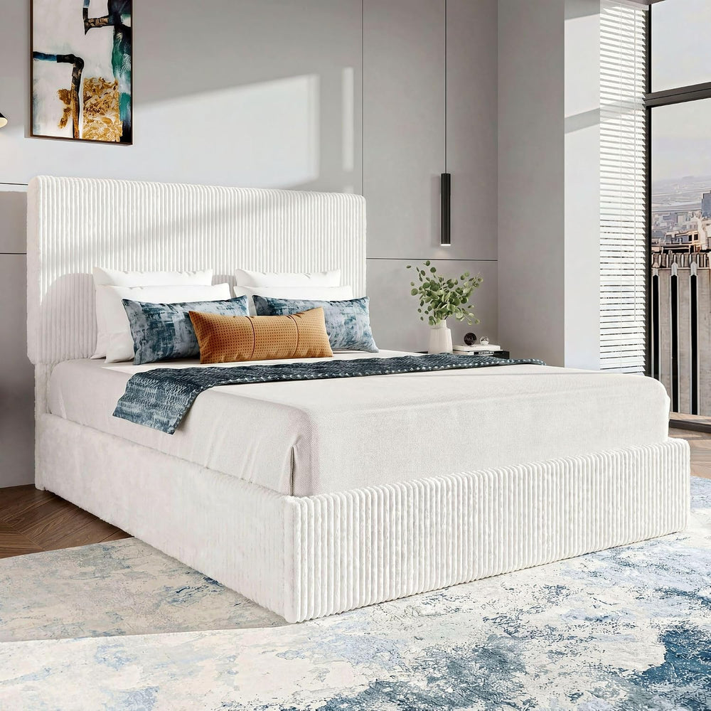 SHA CERLIN Queen Size Corduroy Bed Frame with Adjustable Headboard, White