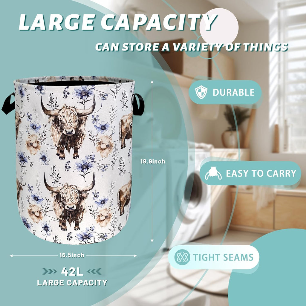 Watercolor Highland Cow Laundry Hamper With Handles Foldable Oxford Cloth Purple Flower Tote Bag Cows Laundry Basket Clothes Toy Storage Bucket 18.9" x 16.5"For Bathroom/Laundry/Bedroom